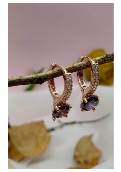 Taşlı Tek Taş Rose 925 Ayar Gümüş Küpe