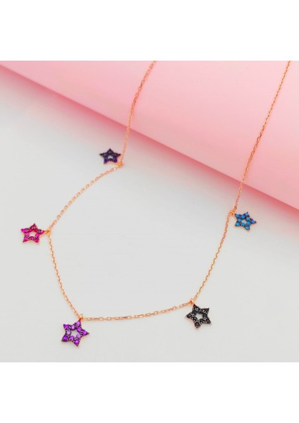 Renklı Yıldız 925 Ayar Gümüş Kolye