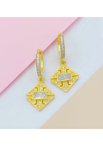 Gold Baget Taşlı Sallantılı 925 Ayar Gümüş Küpe