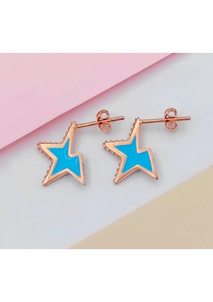 Rose Mavi Mineli 925 Ayar Gümüş Küpe