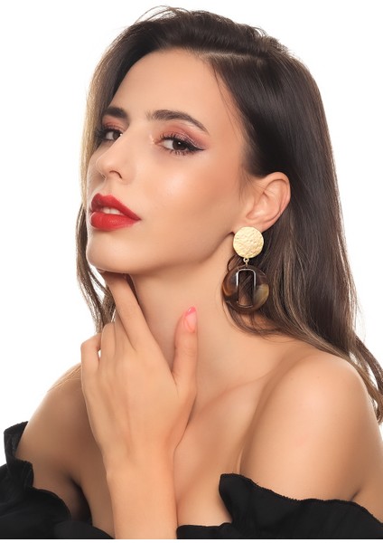 Kadın Reçine Koleksiyonu Kahverengi Renk Tonlamalı Çivili Model Tasarım Küpe modelleri
