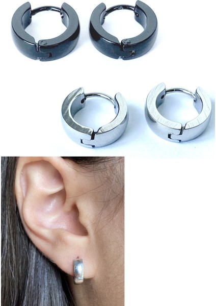Ikili Bombeli Siyah Gümüş Renk Delikli Kulaklar Için Halka Küpe