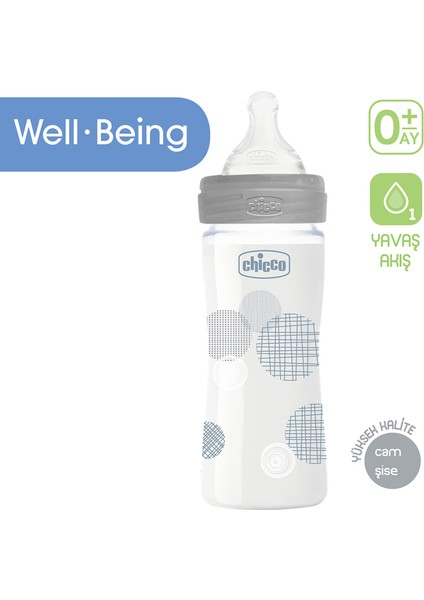 Yeni Wellbeing Cam Biberon Gri 240 ml Yavaş Akış