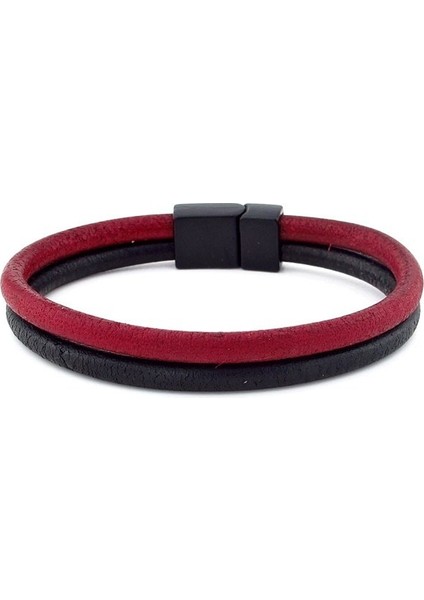 Bordo Siyah Deri Metal Mıknatıs Bileklik