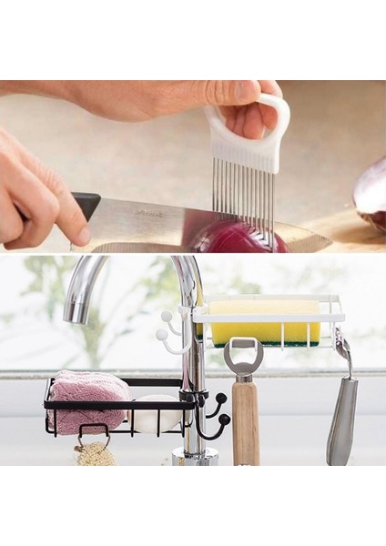 Paslanmaz Çelik Mutfak Banyo Musluğuna Sabitlenebilir Sünger Tutucu + Kolay Kesim Dilimleme Aparatı