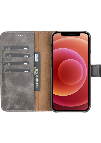 Apple iPhone 12 Pro Max Florence Gri Deri Cüzdan Telefon Kılıfı modelleri
