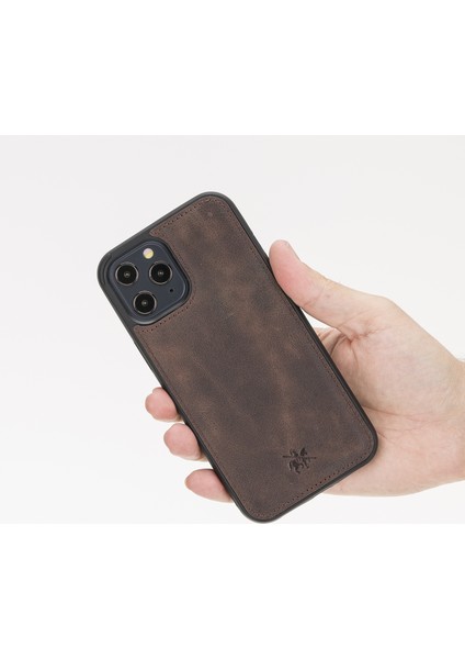 Apple iPhone 12 Pro Max Lucca Koyu Kahverengi Deri Telefon Kılıfı