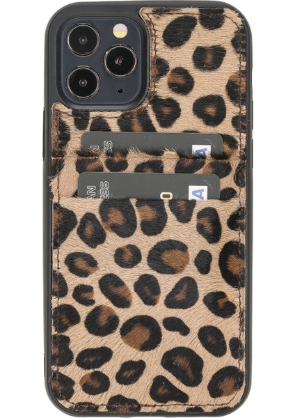 Apple iPhone 12 Pro Max Capri Tüylü Leopar Deri Kartlıklı Telefon Kılıfı