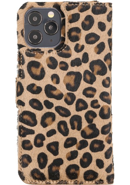 Apple iPhone 12 Pro Florence Tüylü Leopar Deri Cüzdan Telefon Kılıfı