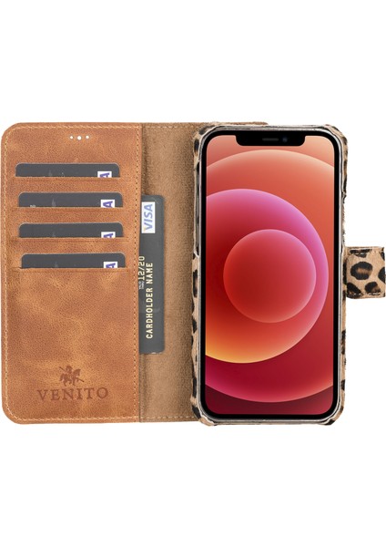 Apple iPhone 12 Pro Florence Tüylü Leopar Deri Cüzdan Telefon Kılıfı
