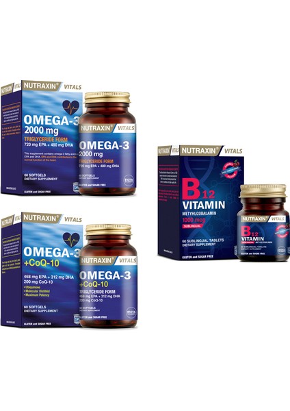 Omega 3 2000 Mg 60 Kapsül + Omega 3 +Coq-10(Koenzim)60 Kapsül + B12 1000 Mcg 60 Dilaltı Tablet