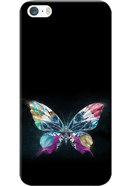 Apple iPhone 5/5S Kılıf Siyah Fon Kelebek Baskılı Esnek TPU Silikon