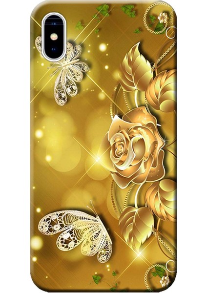 Apple iPhone X Kılıf Gül ve Kelebek Baskılı Esnek TPU Silikon