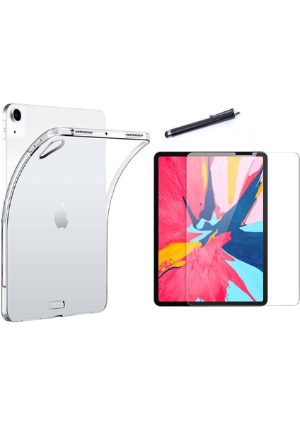 Apple iPad 9. Nesil 10.2 Uyumlu Tablet Kılıf + Ekran Koruyucu + Kalem Süper Silikon Şeffaf Şeffaf