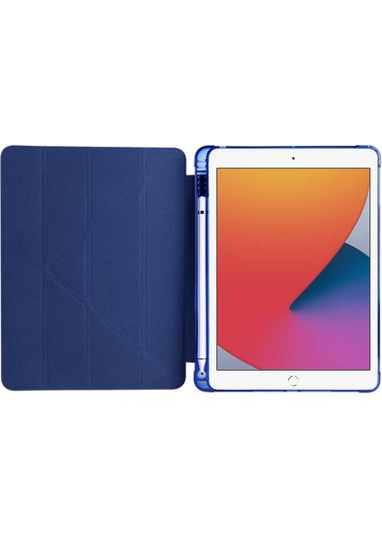 Apple iPad 7. 8. ve 9. Nesil 10.2" Kılıf Kalem Bölmeli Tri Folding Smart Standlı Pu Deri Arkası Yumuşak Silikon 360 Tam Koruma Kapak