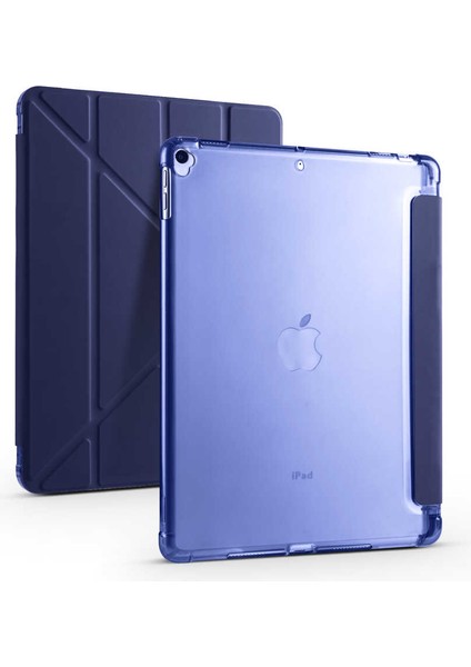 Apple iPad 7. 8. ve 9. Nesil 10.2" Kılıf Kalem Bölmeli Tri Folding Smart Standlı Pu Deri Arkası Yumuşak Silikon 360 Tam Koruma Kapak