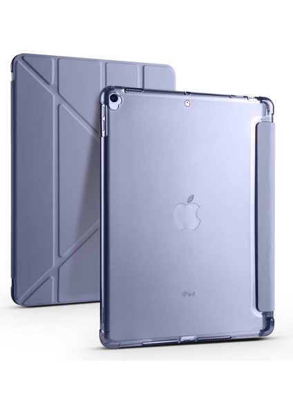 Apple iPad 7. 8. ve 9. Nesil 10.2" Kılıf Kalem Bölmeli Tri Folding Smart Standlı Pu Deri Arkası Yumuşak Silikon 360 Tam Koruma Kapak