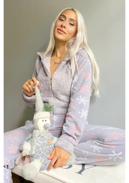 Gri Kartanesi Desenli Kadın Polar Peluş Tulum Pijama