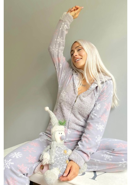 Gri Kartanesi Desenli Kadın Polar Peluş Tulum Pijama fiyatları