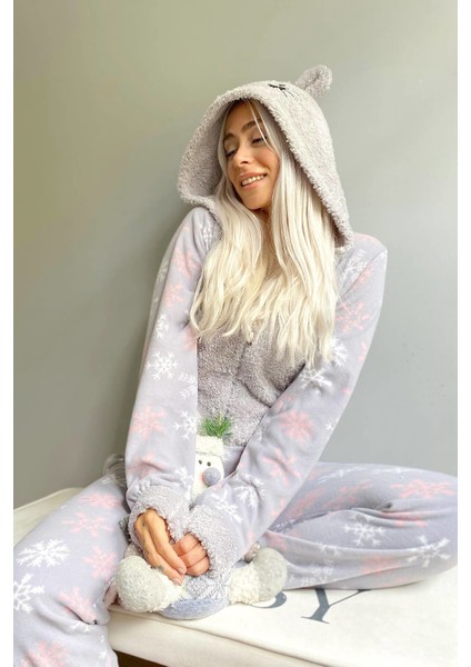 Gri Kartanesi Desenli Kadın Polar Peluş Tulum Pijama modelleri