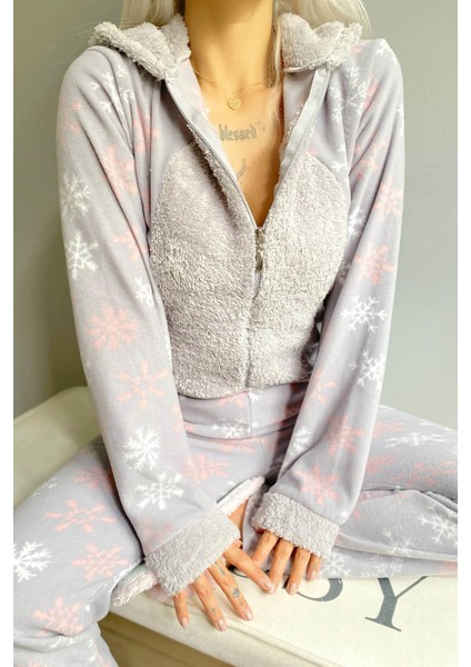 Gri Kartanesi Desenli Kadın Polar Peluş Tulum Pijama indirimleri