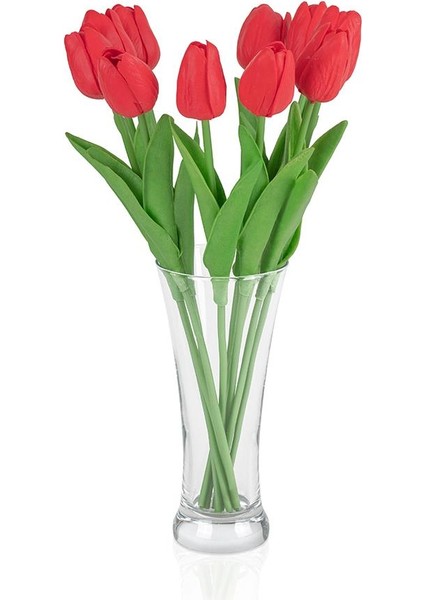 Fransız Style Şeffaf Vazoda 10'lu Kırmızı Islak Lale Yapay Çiçek