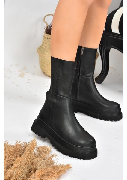 Kadın Bot Siyah Kalın Taban Suni Deri Düz Topuk 6 cm