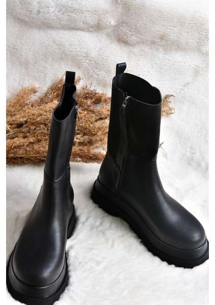 Kadın Bot Siyah Kalın Taban Suni Deri Düz Topuk 6 cm indirimleri