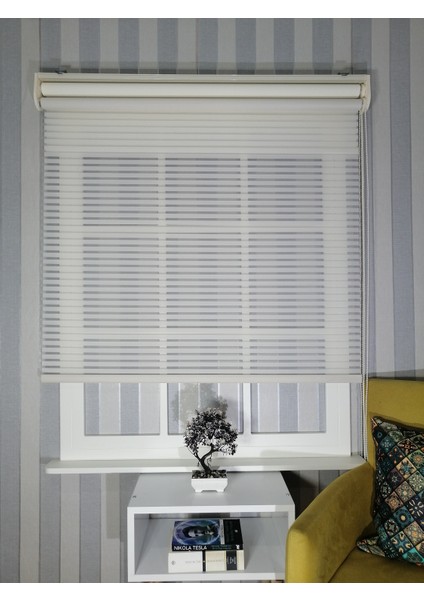 Krem Kalın Çizgili Yeni Sezon Çiftli Mekanizma Stor Tül ve Güneşlik fiyatları