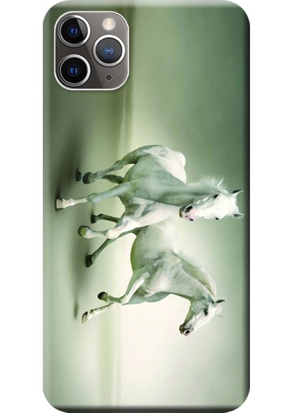 Apple iPhone 11 Pro Max Kılıf Beyaz Renkli Atlar Baskılı Esnek TPU Silikon
