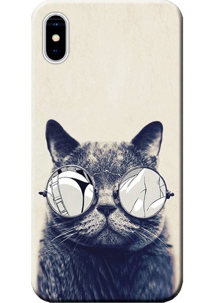 Apple iPhone X Kılıf Gözlüklü Kedi Baskılı Esnek TPU Silikon