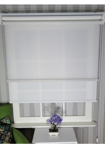 Beyaz İnce Desen Yeni Sezon Çiftli Mekanizma Stor Tül ve Güneşlik