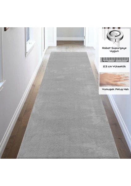 Yıkanabilir Post Peluş 100 x 370 cm 4007 Duman Gri Kaymaz Taban Kesme Yolluk Halı