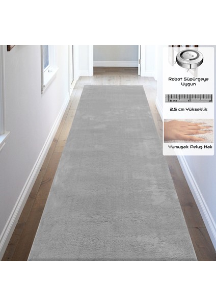 Yıkanabilir Post Peluş 80 x 300 cm 4007 Duman Gri Kaymaz Taban Kesme Yolluk Halı