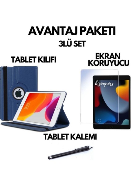 Apple iPad 9 Kılıf 9. Nesil A2602 10.2 Dönebilen Tablet Kılıfı + Ekran Koruyucu + Tablet Kalemi Lacivert