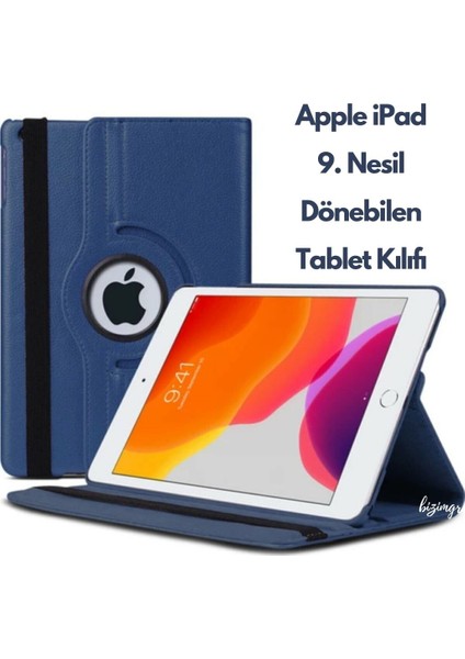 Apple iPad 9 Kılıf 9. Nesil A2602 10.2 Dönebilen Tablet Kılıfı + Ekran Koruyucu + Tablet Kalemi Lacivert