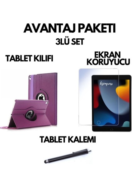 Apple iPad 9 Kılıf 9. Nesil A2602 10.2 Dönebilen Tablet Kılıfı + Ekran Koruyucu + Tablet Kalemi Mor