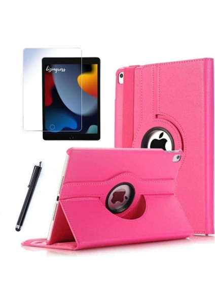 Apple iPad 9 Kılıf 9. Nesil A2602 10.2 Dönebilen Tablet Kılıfı + Ekran Koruyucu + Tablet Kalemi Pembe