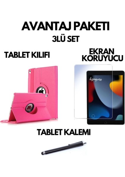 Apple iPad 9 Kılıf 9. Nesil A2602 10.2 Dönebilen Tablet Kılıfı + Ekran Koruyucu + Tablet Kalemi Pembe