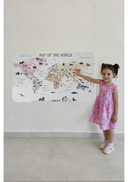 Eğitici ve Bayraklı Dünya Haritası Dünya Atlası Çocuk ve Bebek Odası Duvar Sticker