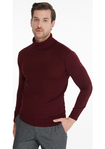 Erkek Bordo Desenli Tam Balıkçı Yaka Regular Fit Triko Kazak