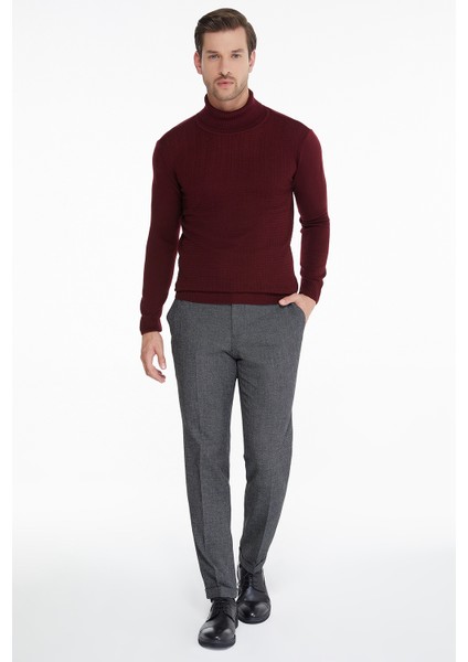 Erkek Bordo Desenli Tam Balıkçı Yaka Regular Fit Triko Kazak
