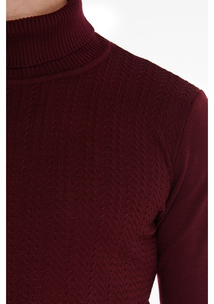 Erkek Bordo Desenli Tam Balıkçı Yaka Regular Fit Triko Kazak