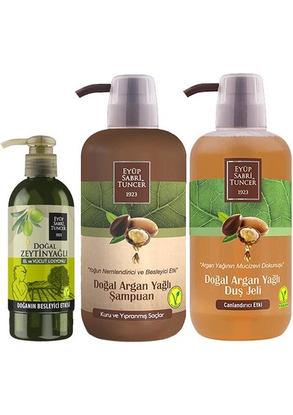 Argan Yağlı Şampuan, Duş Jeli 600 ml ve Zeytinyağlı Losyon 250 ml