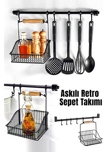 Mutfak Düzenleyici Retro Sepet ve Altı Kancalı Askı Takımı Set