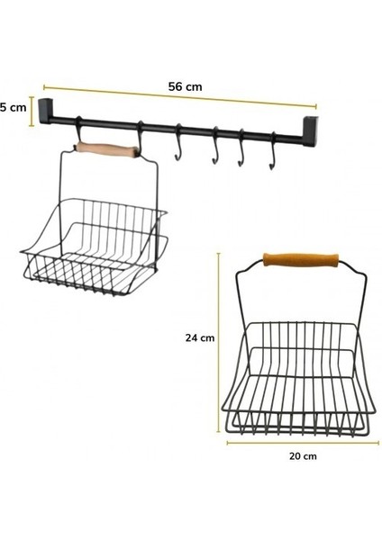 Mutfak Düzenleyici Retro Sepet ve Altı Kancalı Askı Takımı Set