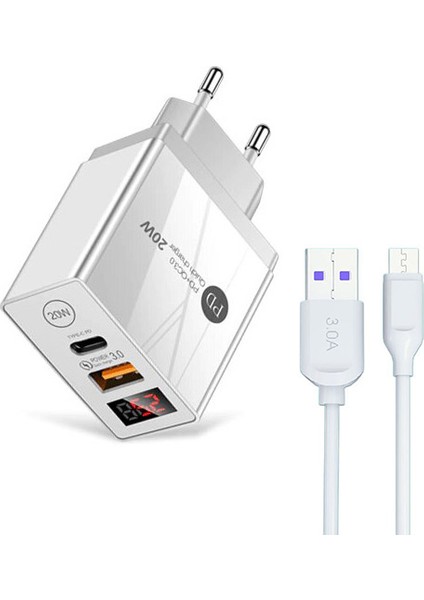 20W Pd + USB Hızlı Şarj LED Göstergeli +  3 A Hızlı Şarj Kablosu - Micro USB