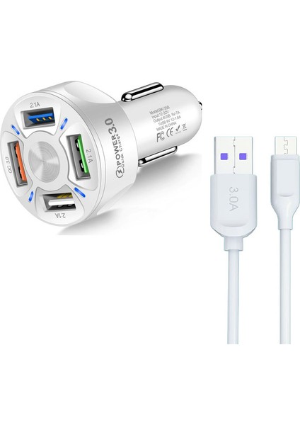 Araç Hızlı Şarj 4 USB 7 A Çoklu Hızlı Şarj + 3 A Hızlı Şarj Kablosu - Type C