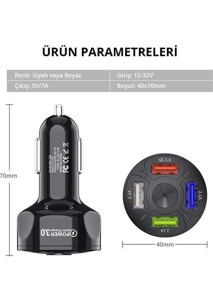 Araç Hızlı Şarj 4 USB 7 A Çoklu Hızlı Şarj + 3 A Hızlı Şarj Kablosu - Type C