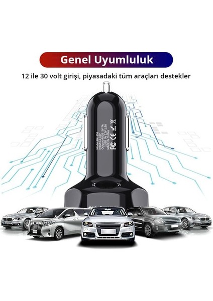 Araç Hızlı Şarj 4 USB 7 A Çoklu Hızlı Şarj + 3 A Hızlı Şarj Kablosu - Type C